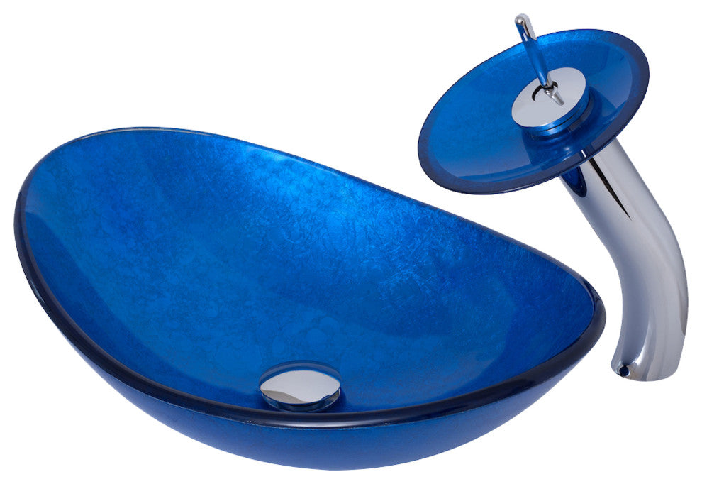 Azzurro Slipper Blue Foiled Glass Vessel Bathroom Sink Combo with Faucet Drain, Chrome