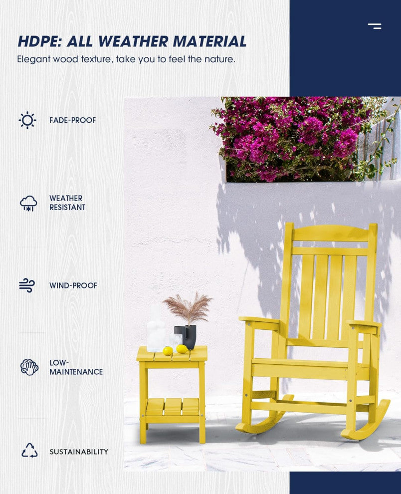 All-Weather HDPE Patio Rocker With High Back and Classic Slat Design, Yellow