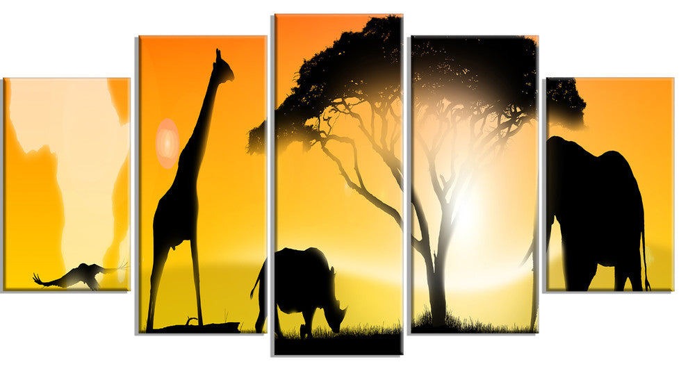 African Wildlife Panorama, African Canvas Art Print, 60"x32", 5 Panels