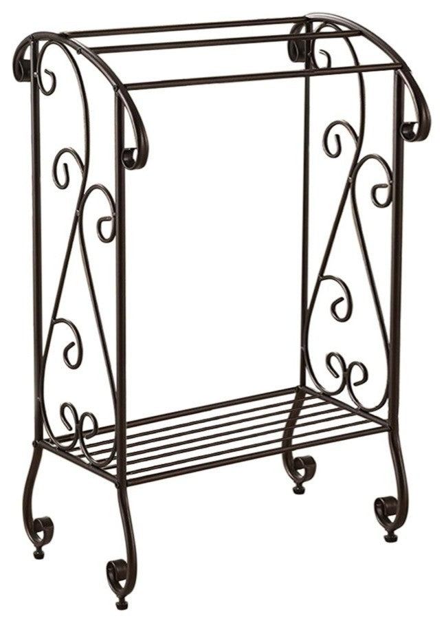 Benzara Free Standing Metal Towel Rack Stand With Shelf, Black