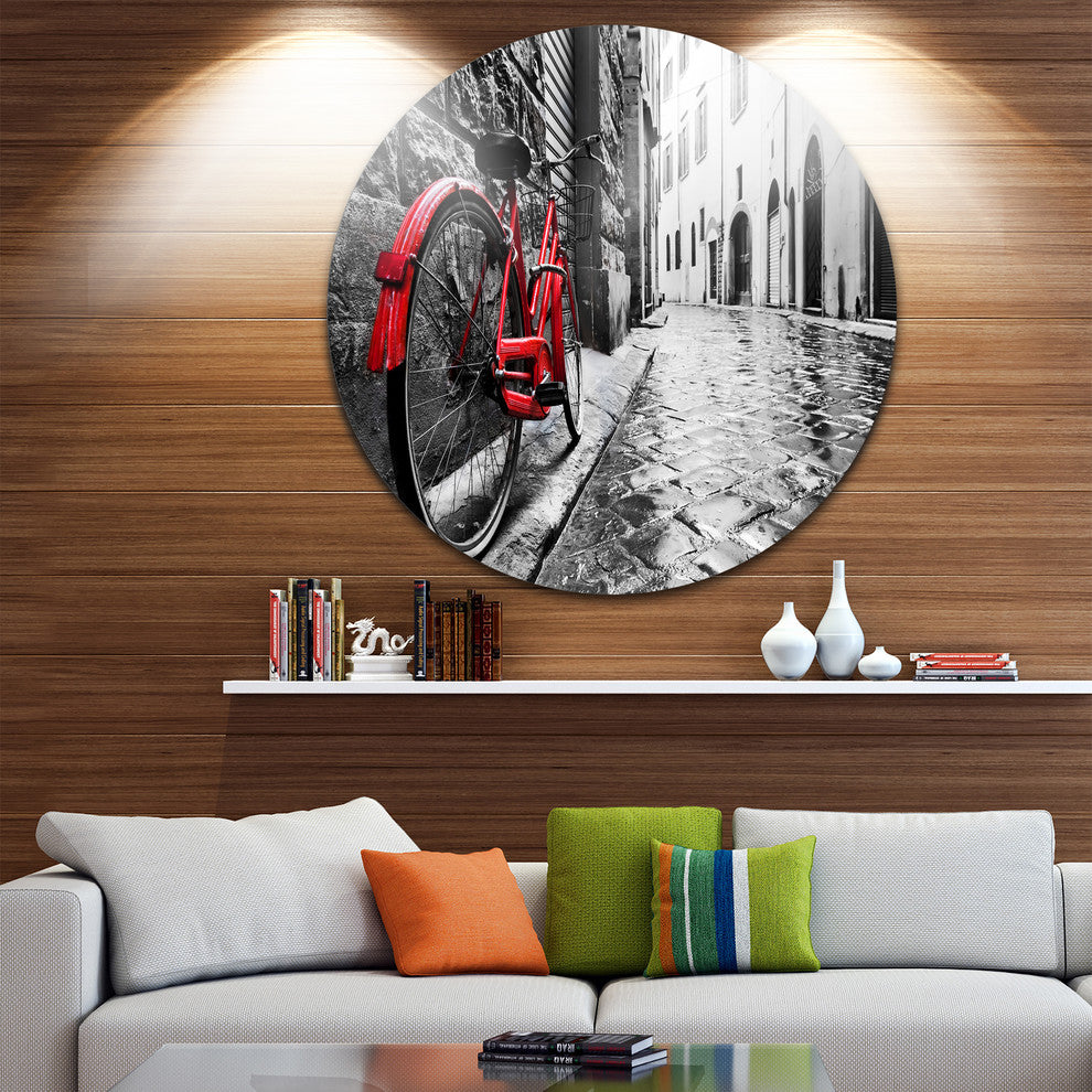 Retro Vintage Red Bike, Cityscape Photo Round Wall Art, 23"