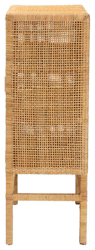Vivan Bohemian Natural Brown Rattan and Mahogany Wood 3-Shelf Storage Cabinet