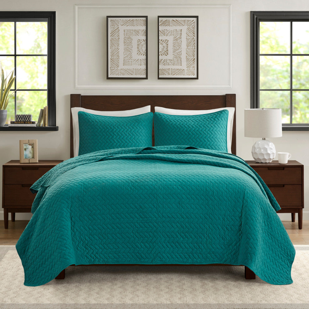 Hampton Hill Velvet Touch Herringbone Oversize 3-Piece Coverlet, Teal, Queen