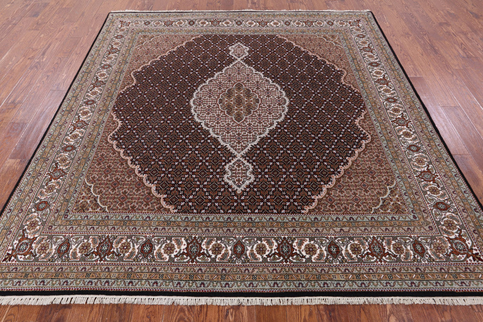 8' Square Handmade Persian Tabriz Wool & Silk Rug - Q13005