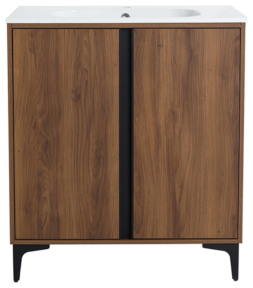 Single Vanity, Brown Walnut Finish With Solid Surface Resin White Sink, 30"