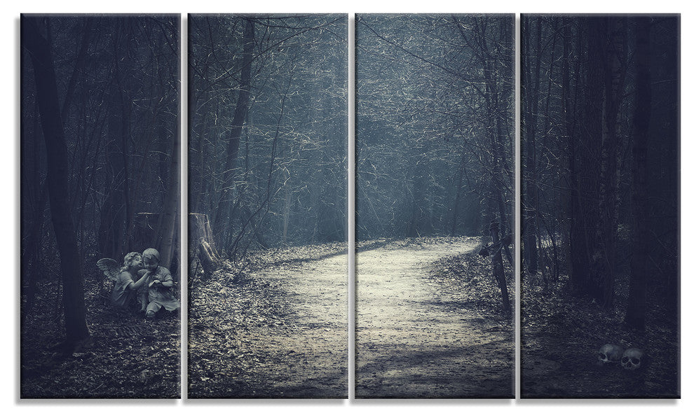 Dark Forest With Empty Road, Forest Canvas Art Print, 48"x28", 4 Panels