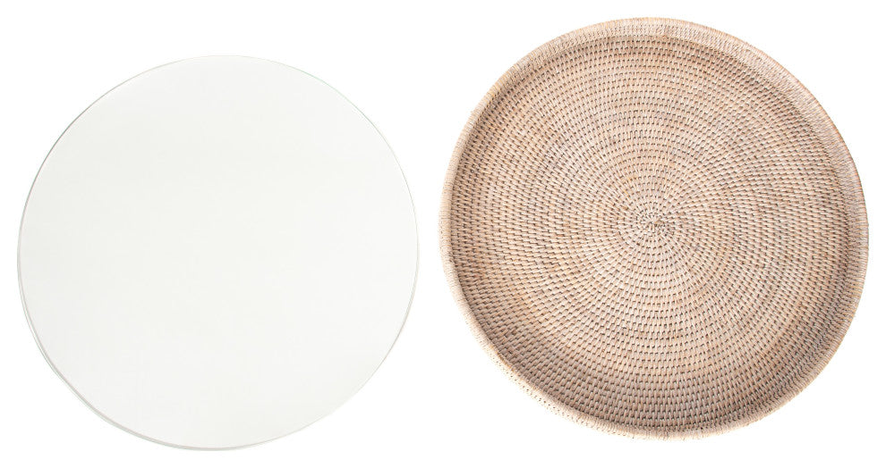 Artifacts Rattan™ Round Serving-Ottoman Tray with Glass Insert, White Wash, 16" Diameter