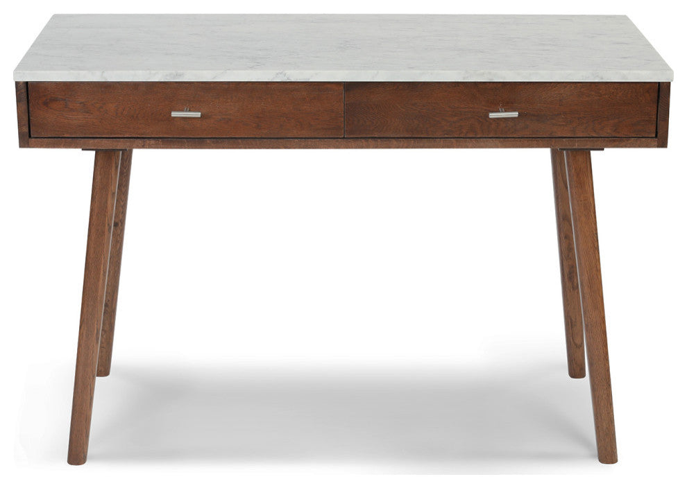 Viola 44" Rectangular Italian Carrara White Marble Writing Desk, Walnut, 15"