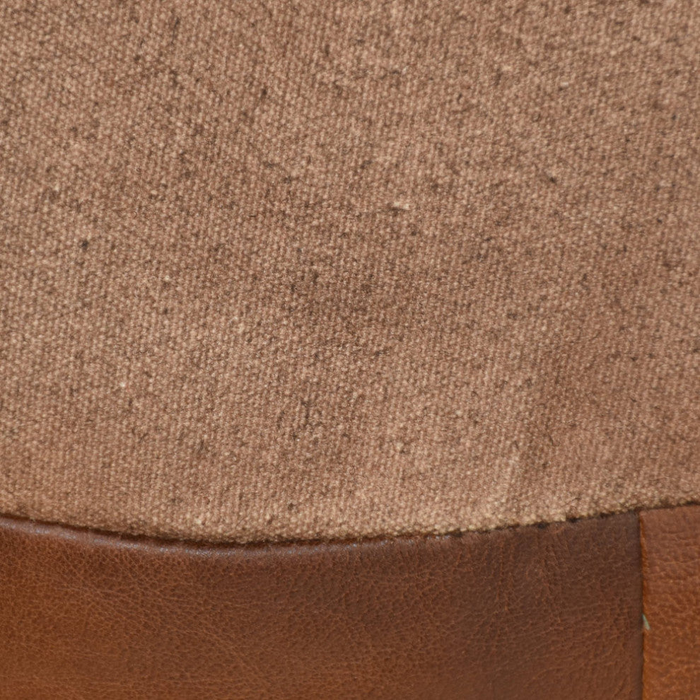 Geometric Handmade Leather Pouf, Recycled Foam With Fiber Fill, Cognac Color, Round, 18x18x18