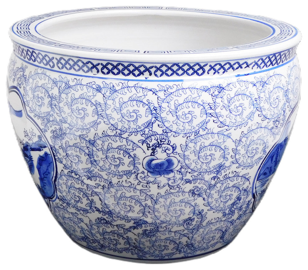 Blue and White Asian Porcelain Garden Pot Painted Landscape, 10