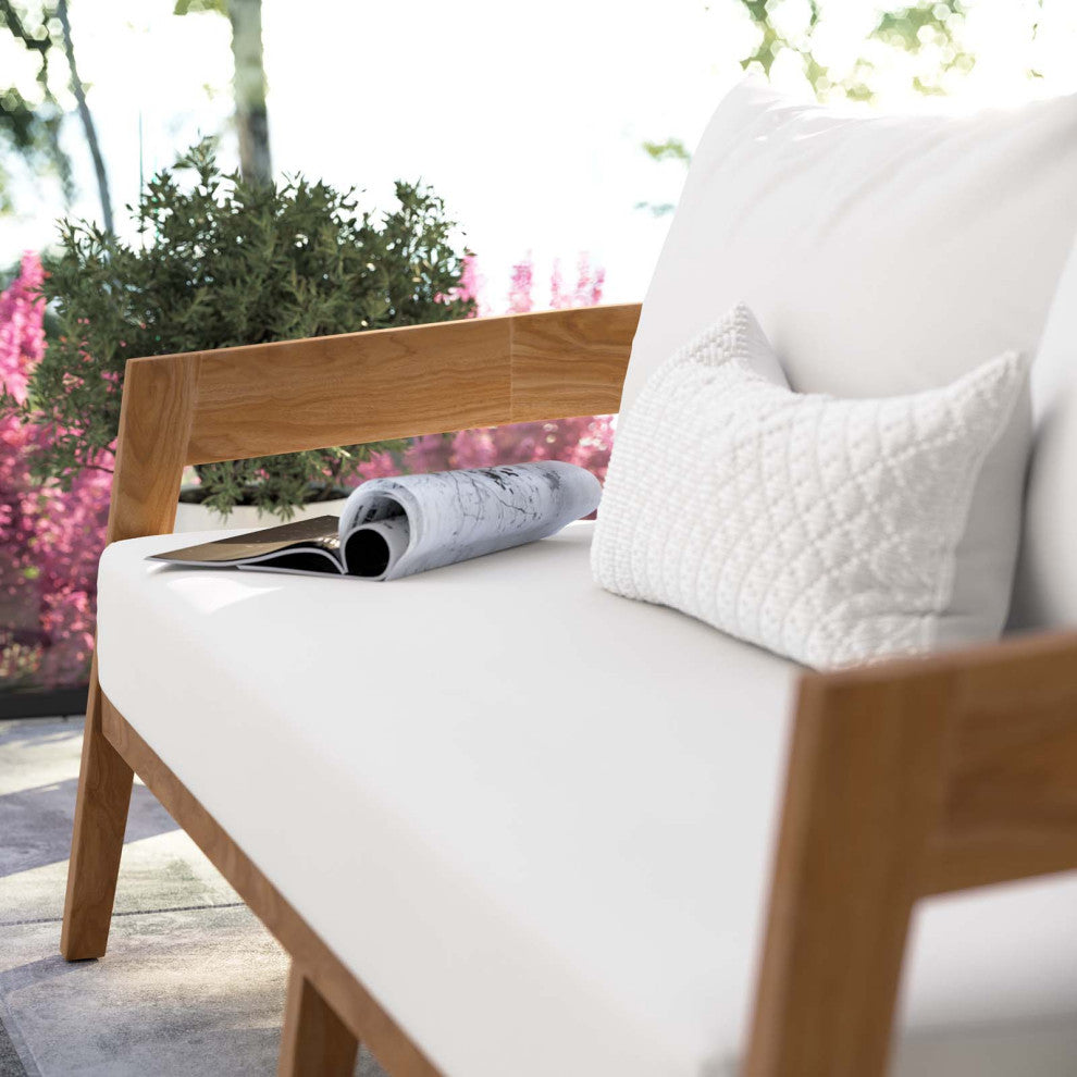 Lounge Loveseat Sofa, White Natural, Teak Wood, Modern, Outdoor Hospitality