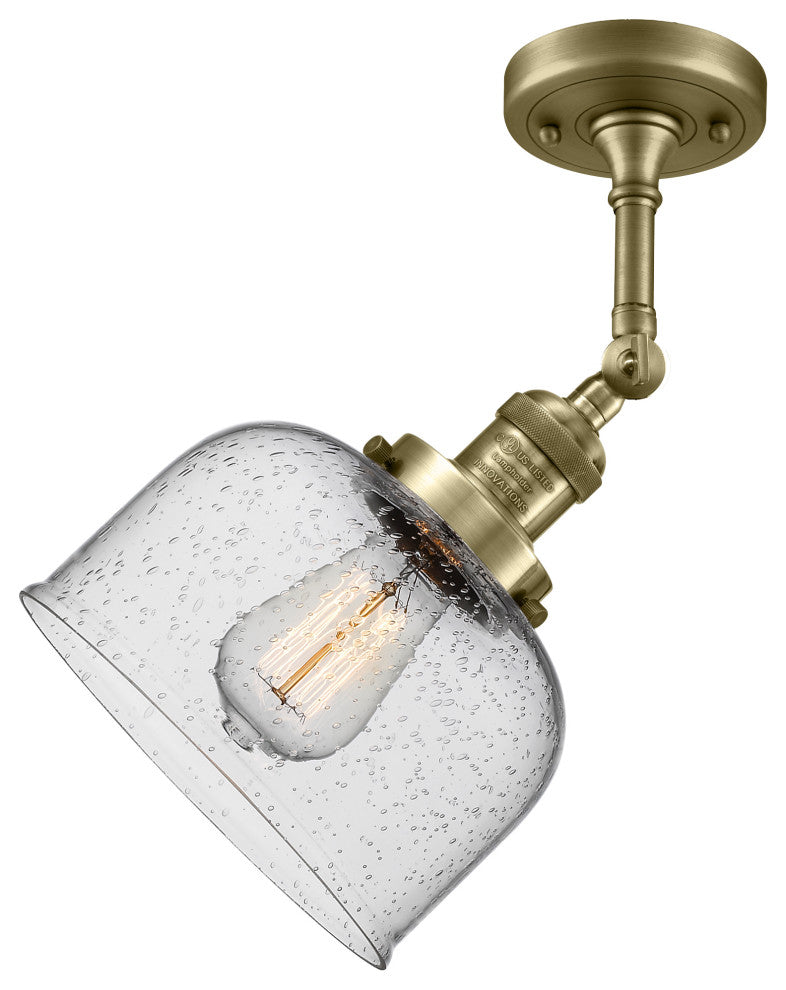 Large Bell 8" Semi-Flush Mount, Antique Brass, Glass: Seedy