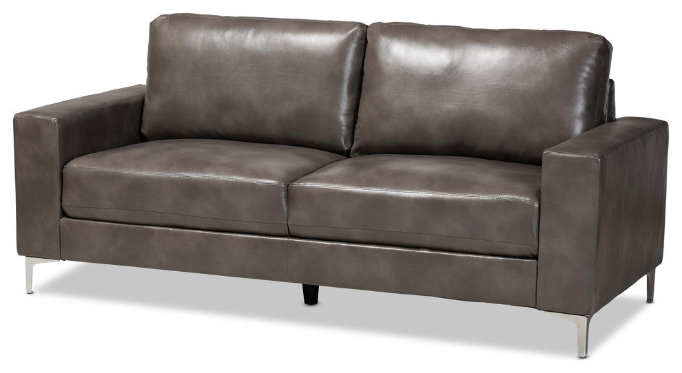 Rayan Modern Grey Faux Leather Upholstered Silver Finished Metal Loveseat
