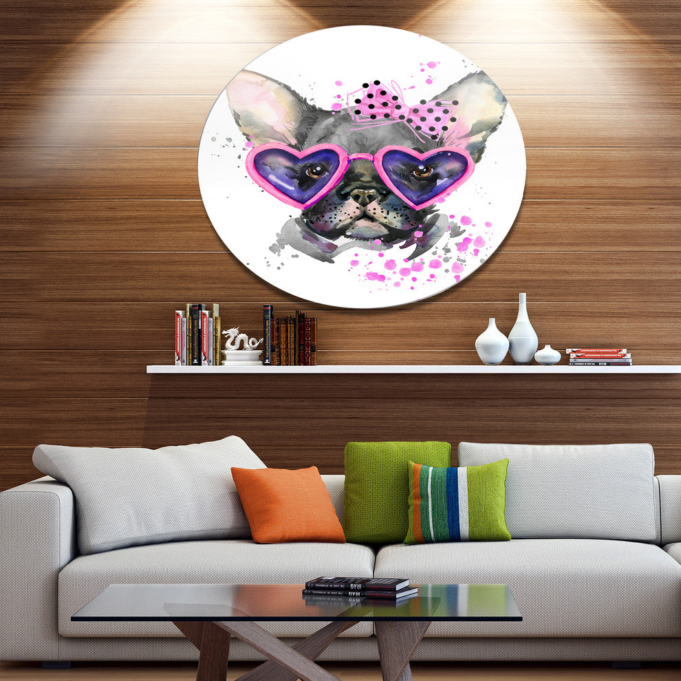 Cute Dog With Pink Glasses, Animal Large Disc Metal Wall Art, 11"