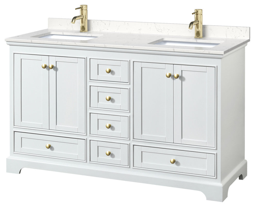60"DBL Bath Vanity White, Carrara Cult. Marble Countertop, Sinks, Gold Trim