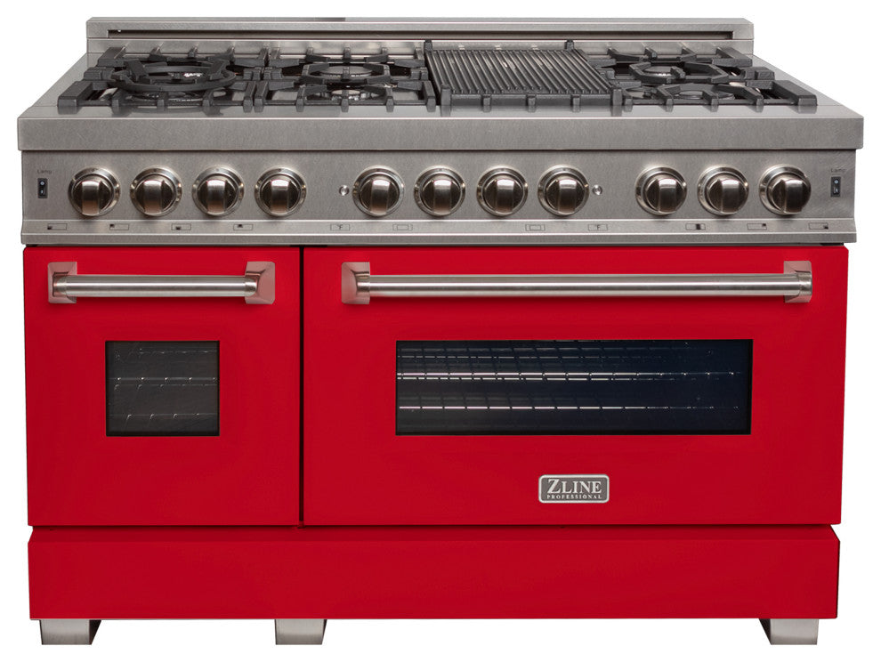 ZLINE 48" Dual Fuel Range, DuraSnow With Red Matte Door RAS-RM-48