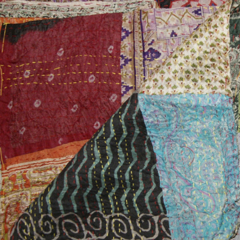 60x90 Blue Black and Brown Kantha Cotton Patchwork Throw Blanket With Embroidery