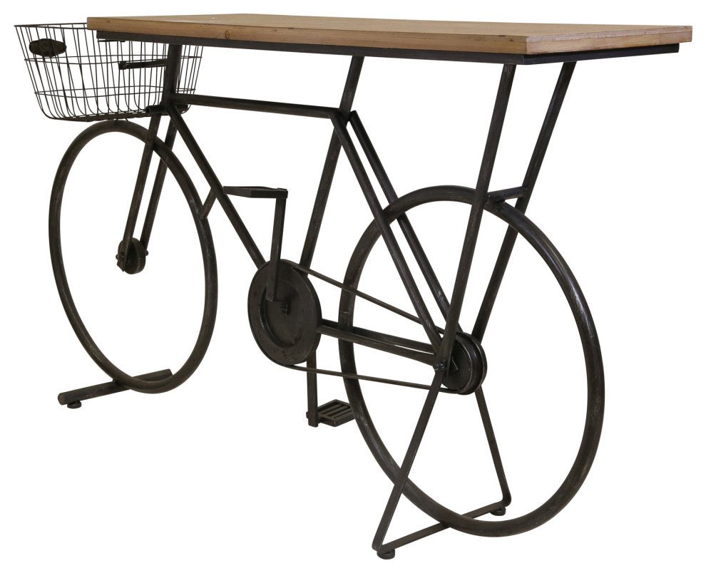 Benzara BM228951 Rectangular Wood Top Console Table, Bicycle Design Base, Black