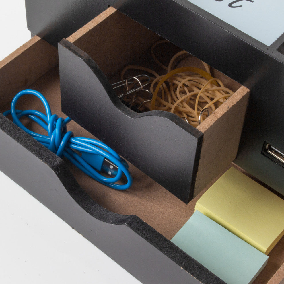 All-in-One USB charging  5 Compartments Desk Organizer - Black