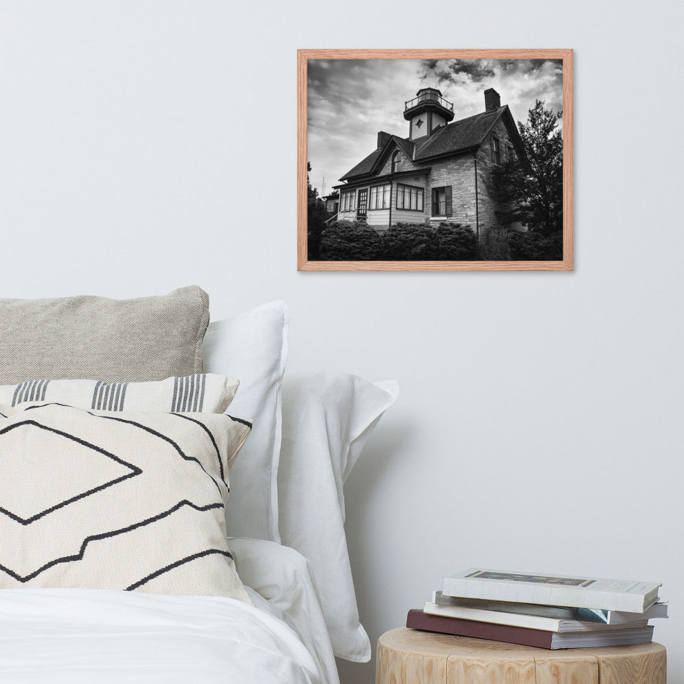 Cedar Point Lighthouse in Black and White Framed Photo Paper Wall Art Prints, Red Oak, 16" X 20"