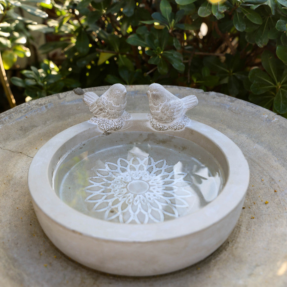 Bowl With Bird Figurine and Engraved Floral Design, Washed Concrete Finish Gray