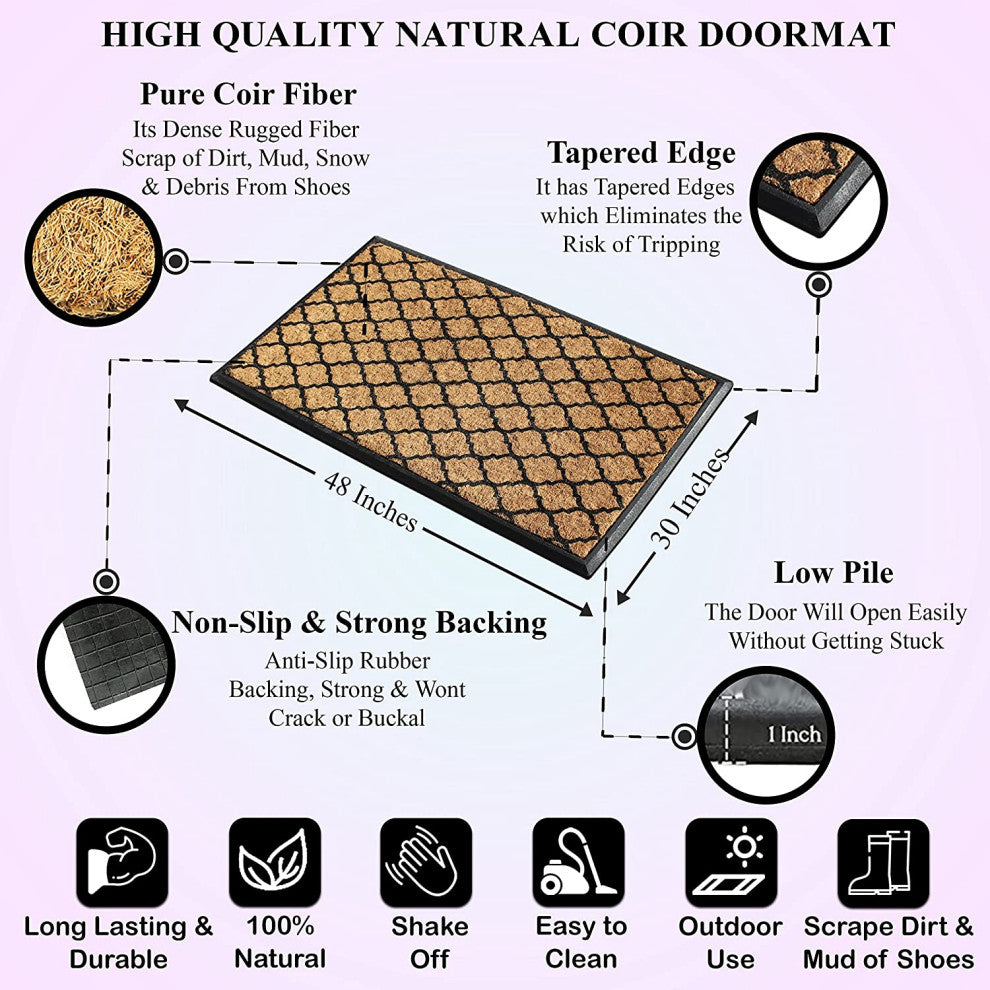 A1HC Natural Coir/Rubber Door Mat, 30x48, Thick Durable, Ogee Black