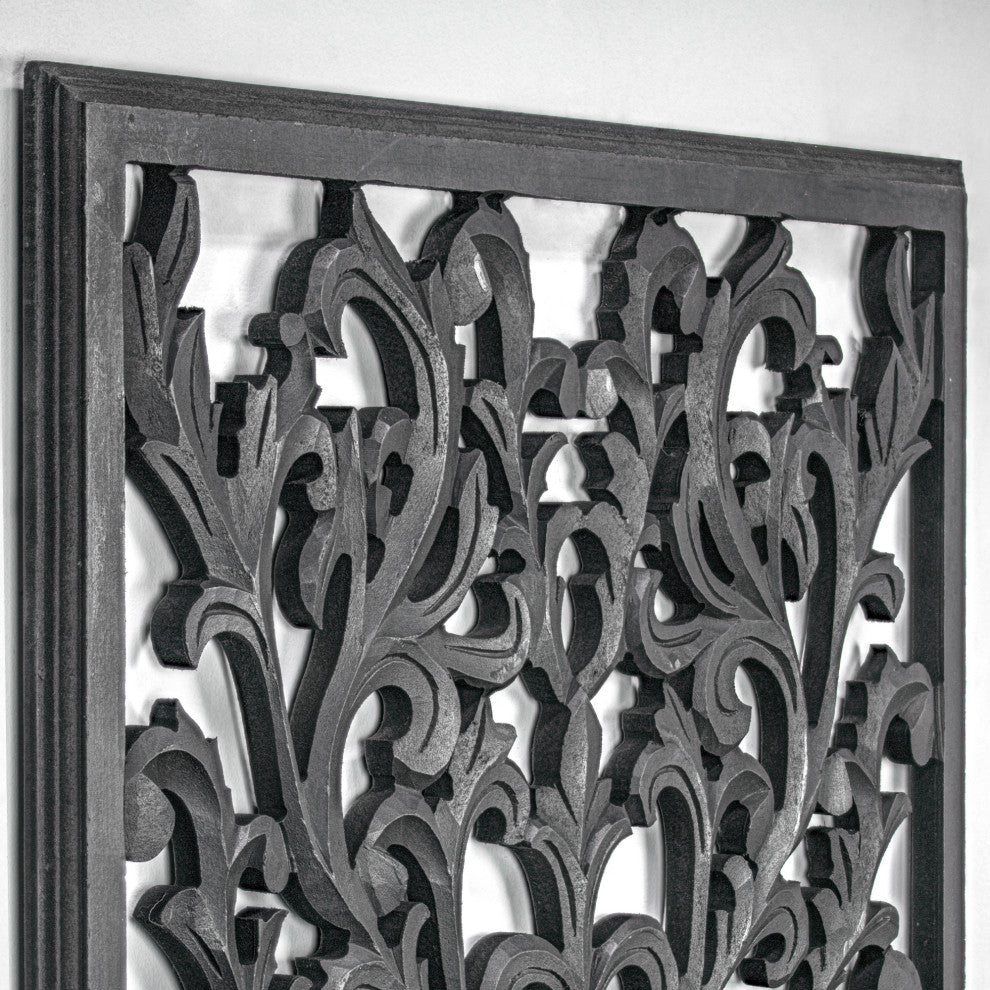 Hand-Carved Floral Wood Medallion Wall Art, Black, 36"x24"
