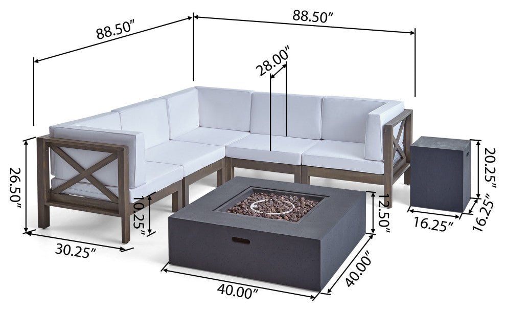 GDF Studio 7-Piece Cytheria Outdoor Sectional Acacia Wood Sofa Set With Fire Pit, Gray Finish, White, Dark Gray