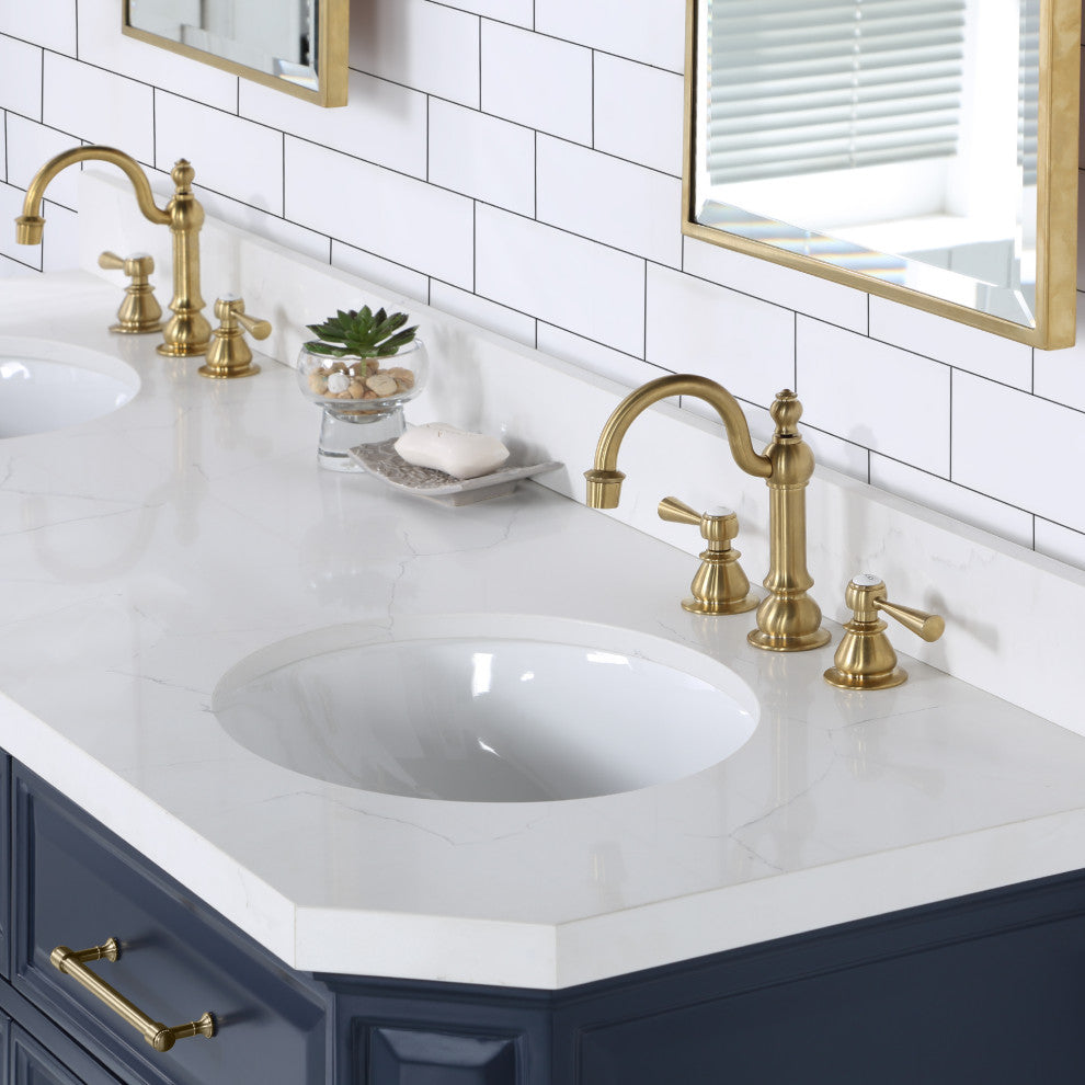 Palace 72 In. Double Sink White Quartz Countertop Vanity with Mirror, Blue
