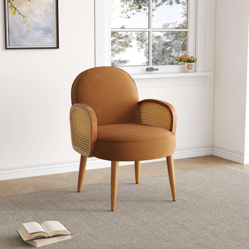 GDF Studio Mid-Century Modern Velvet Rattan Accent Chair, Brown