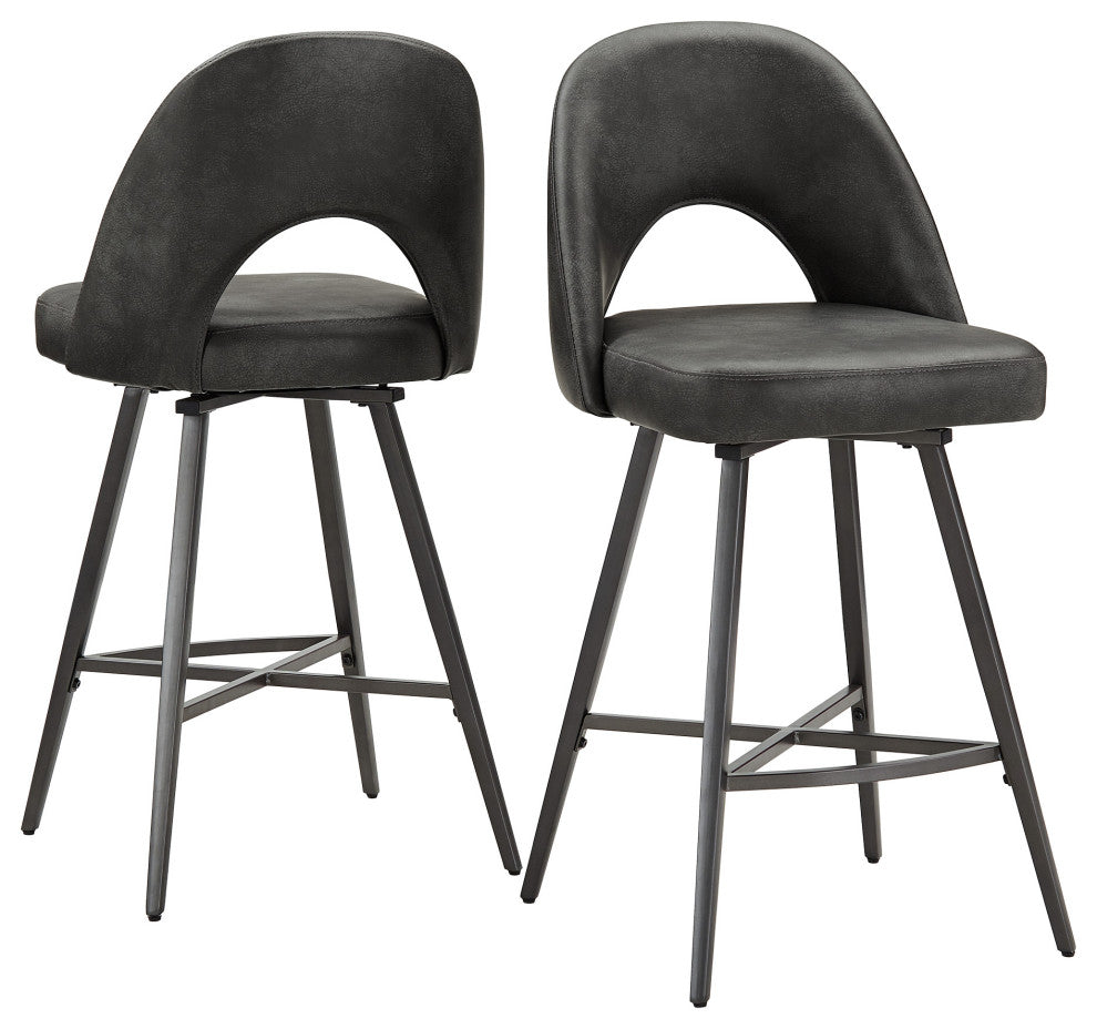 Tierno 24" Counter Height Metal Swivel Stools, Set of 2, Dark Grey PU Leather