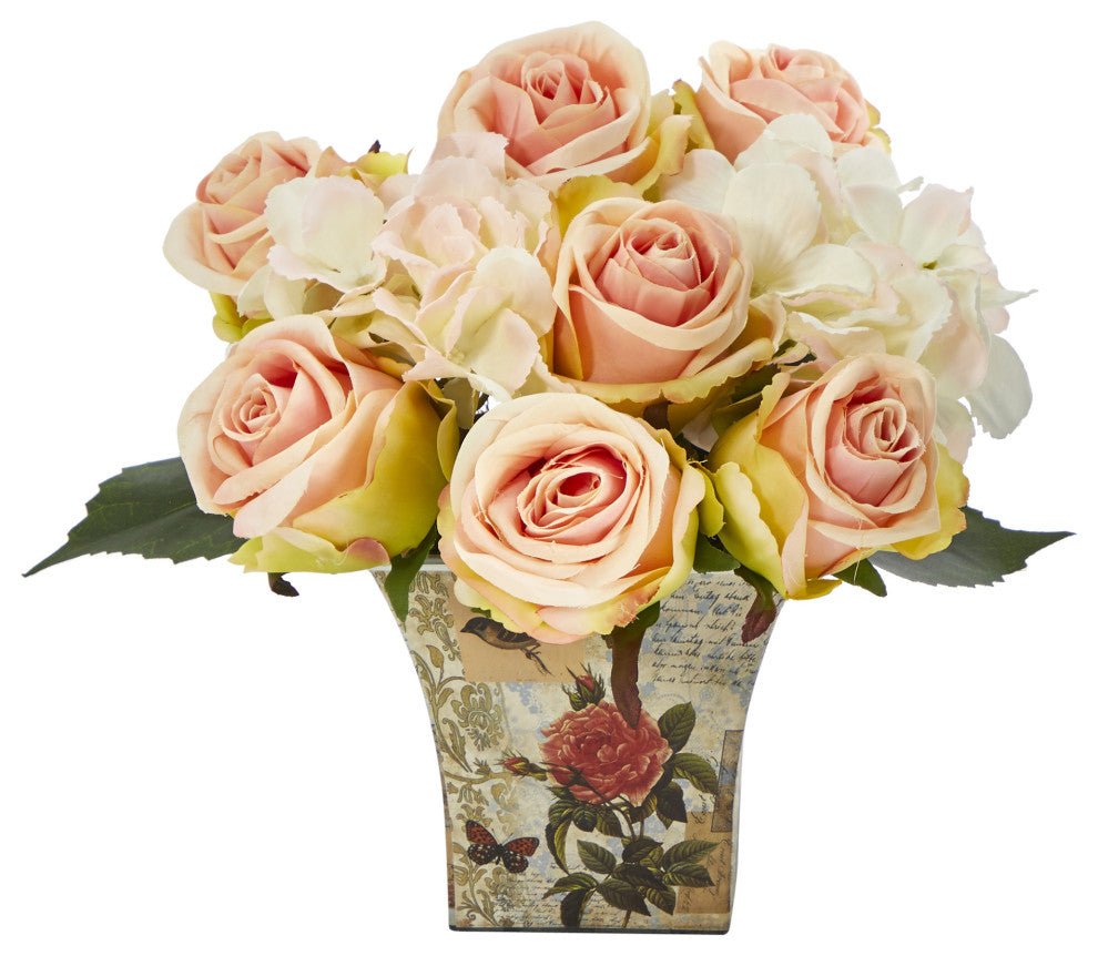 8" Rose and Hydrangea Bouquet Artificial Arrangement, Floral Vase