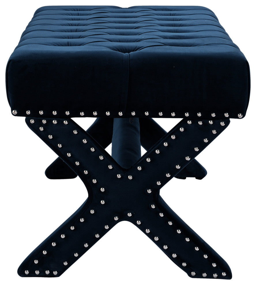 Diana Velvet Button Tufted Silver Nailhead Trim X-Leg Bench, Navy