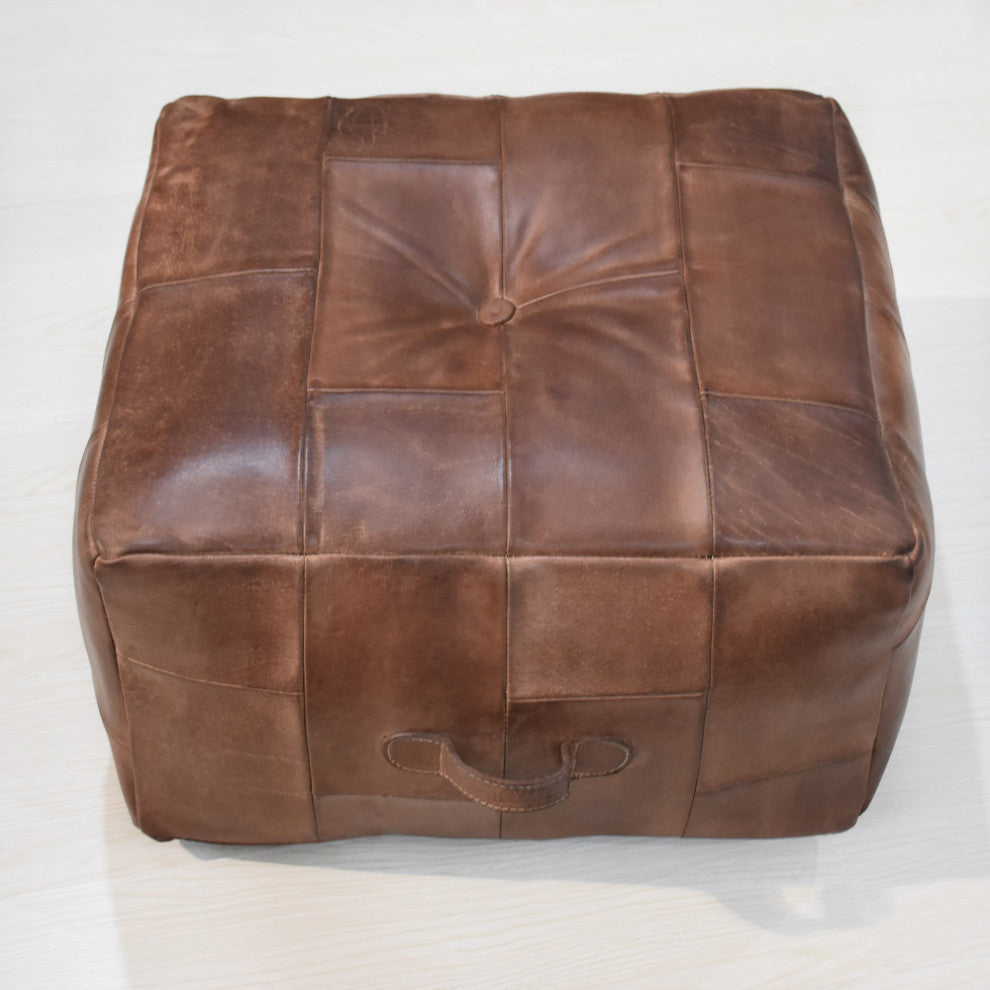 Geometric Handmade Leather Pouf (Recycled Foam with Fibre Fill) Black, [Square] 21x21x12