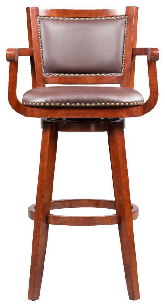 Hugo 34 Inch Swivel Barstool, Wood, Open Rolled Arms, Bonded Leather, Brown