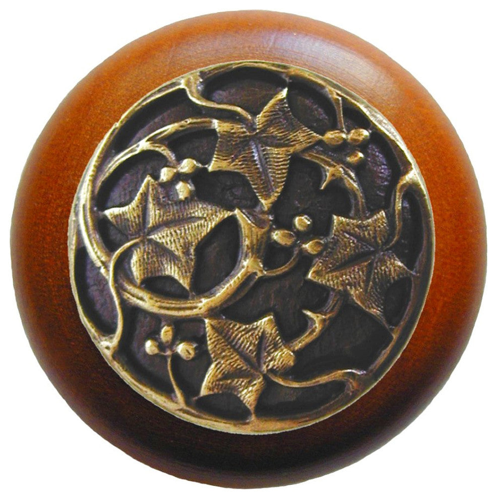 Ivy With Berries Wood Knob, Antique Brass, Cherry Wood Finish, Antique Brass