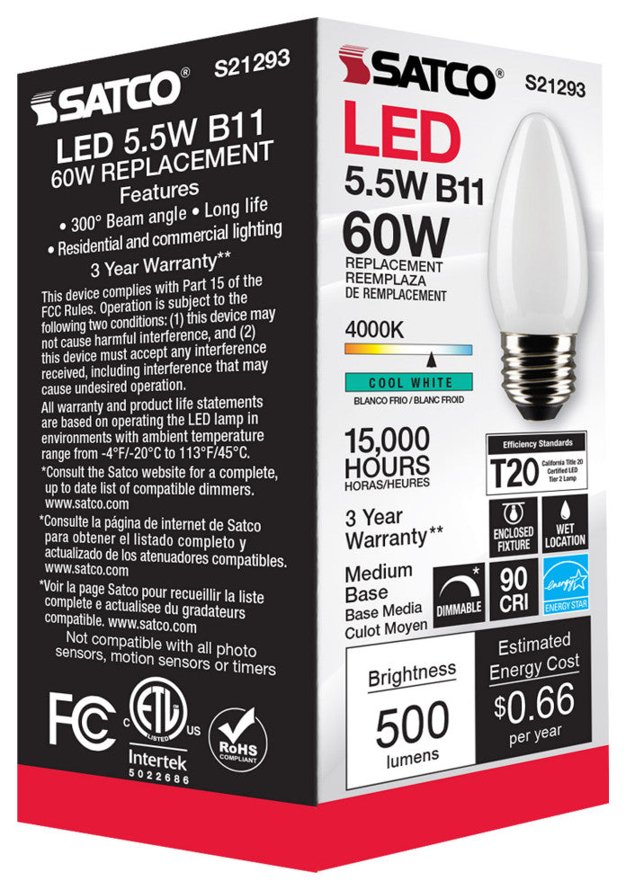 5.5W B11 LED, Frost, Medium Base, 90 CRI, 4000K, 120V