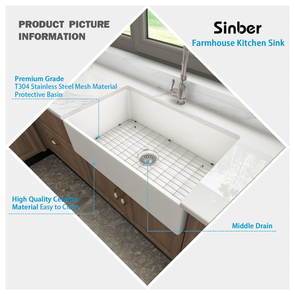 Sinber White Ceramic Double Bowl Apron farmhouse Kitchen Sink With Str, 33"x17"
