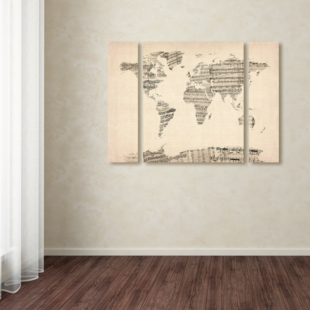Michael Tompsett ''Old Sheet Music World Map'' Multi Panel Art Set, 32"x24"