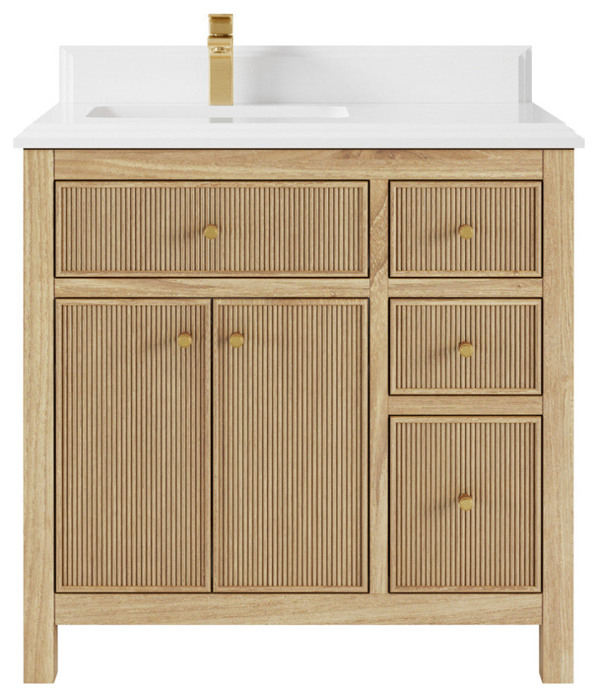 Sonoma 36 Left Offset Bath Vanity in Light Natural Teak with 1.5" White Quartz