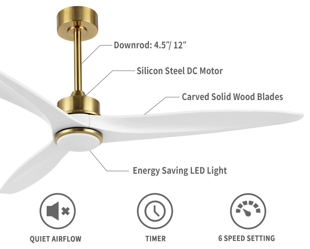 52" Solid Wood 3-Blade LED Ceiling Fan With Remote Control and Light Kit, Gold/White
