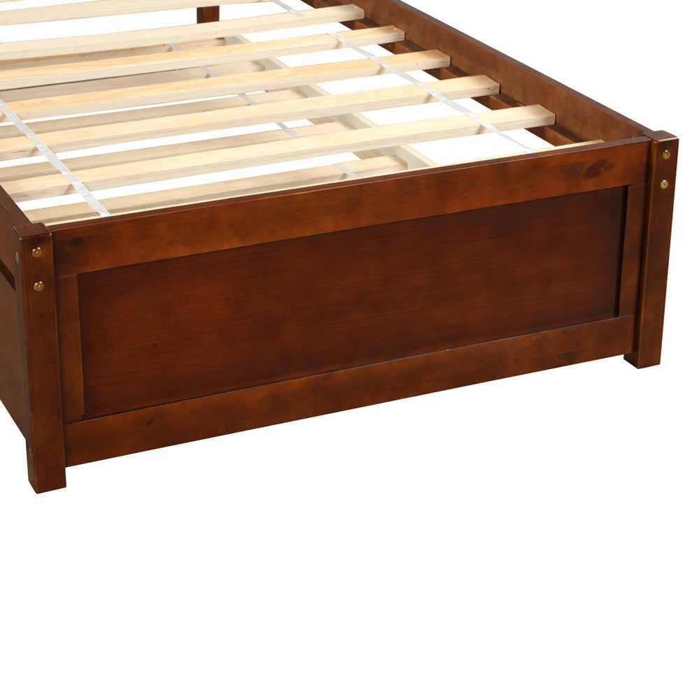 TATEUS Twin Platform Bed With Trundle, Wood Bed Frame With Headboard, Walnut