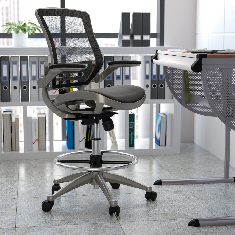Mid-Back Transparent Black Mesh Drafting Chair -Silver Frame and Flip-Up Arms