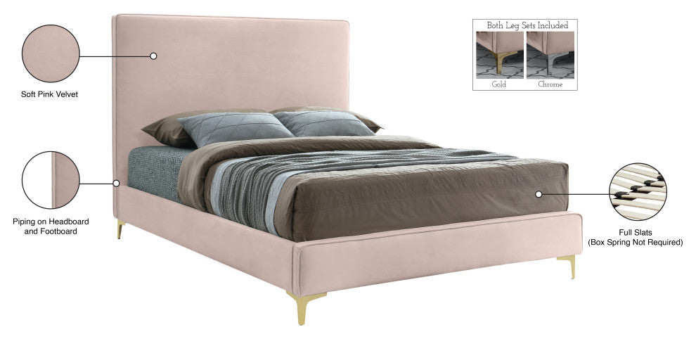 Geri Velvet Upholstered Bed, Pink, Full