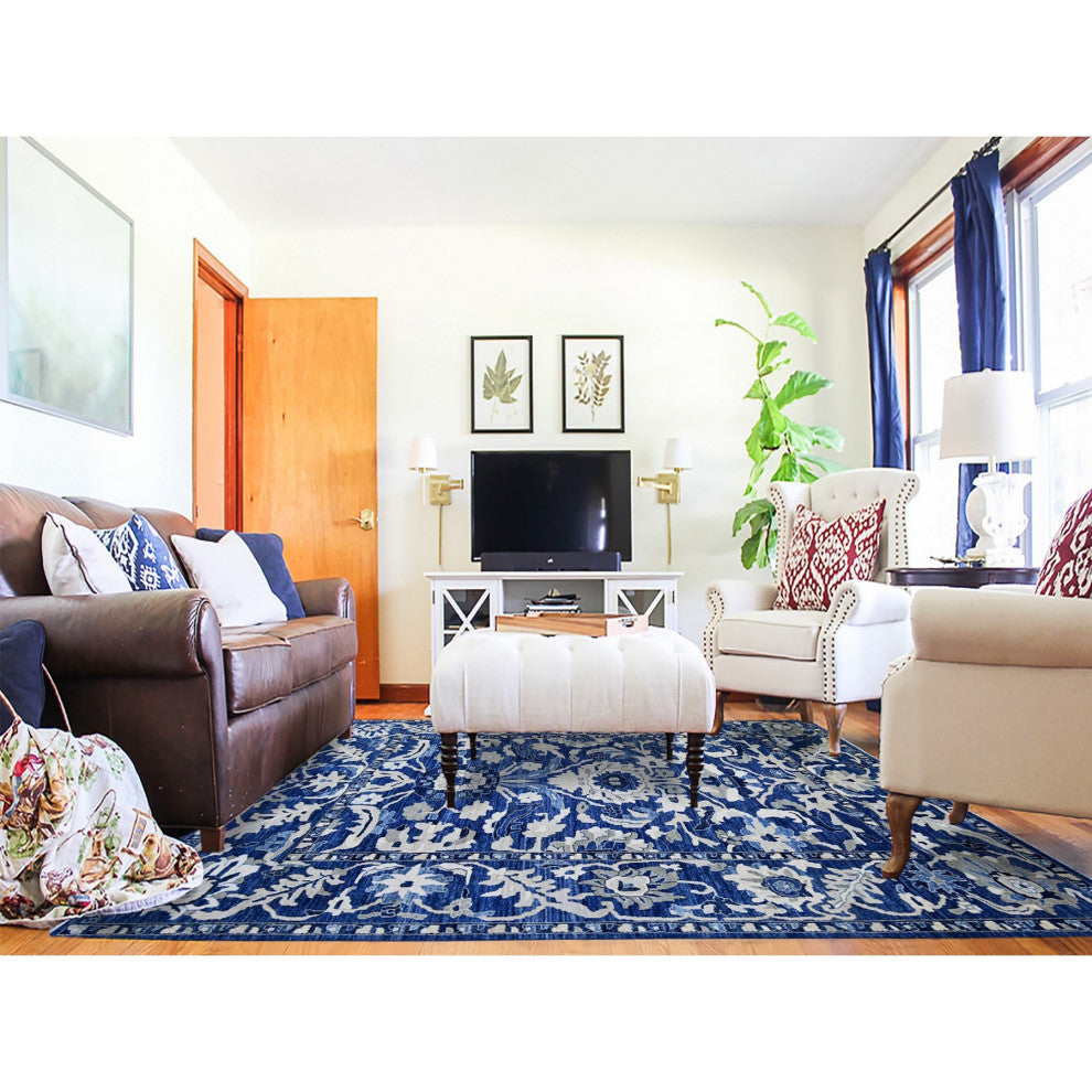 Byzantine Blue Peshawar With Mahal Design Wool Hand Knotted Rug, 8'2"x9'8"