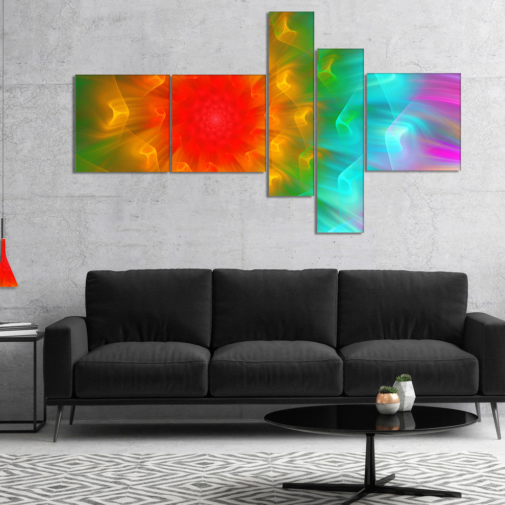 Large Red Alien Fractal Flower, Floral Art Canvas Print, 60"x32", 5 panels