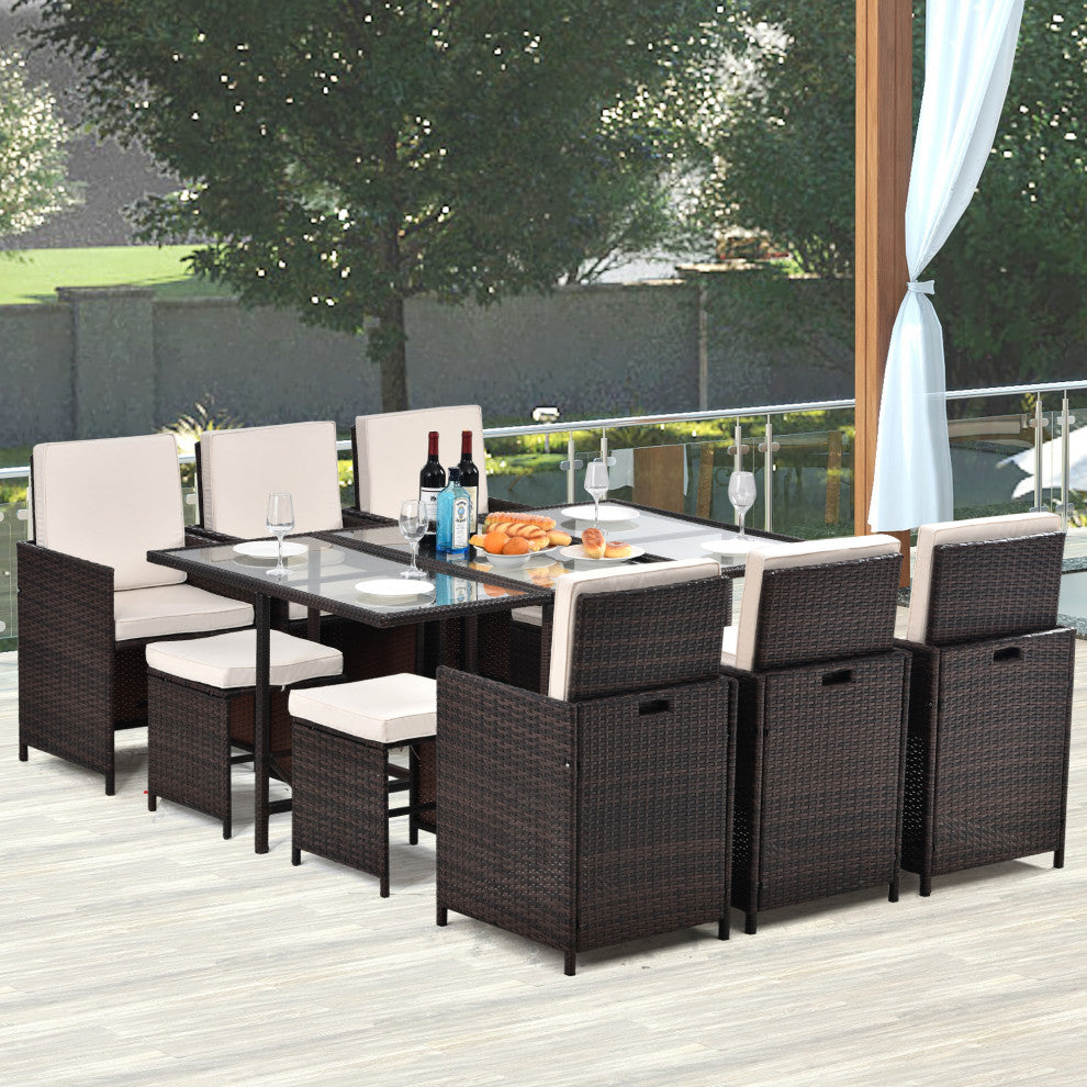 11 Pieces Outdoor Patio Wicker Furniture Dining Set Sectional With Ottomans