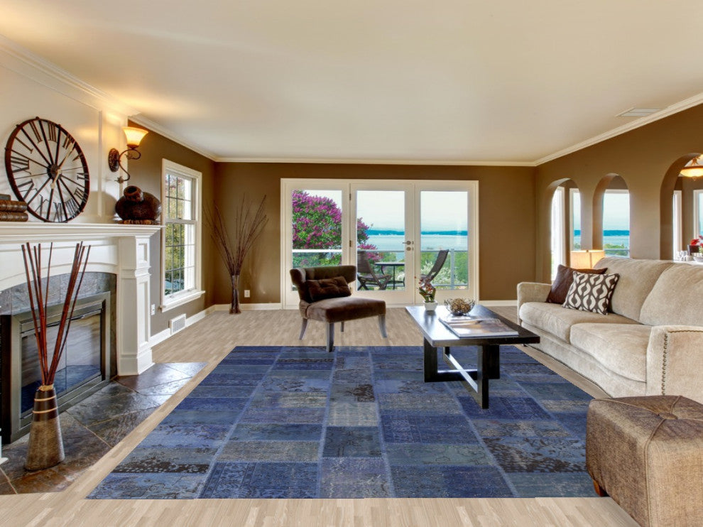 Blue Over-dyed Patchwork Turkish Area Rug Hand-tufted Wool Carpet 9x12