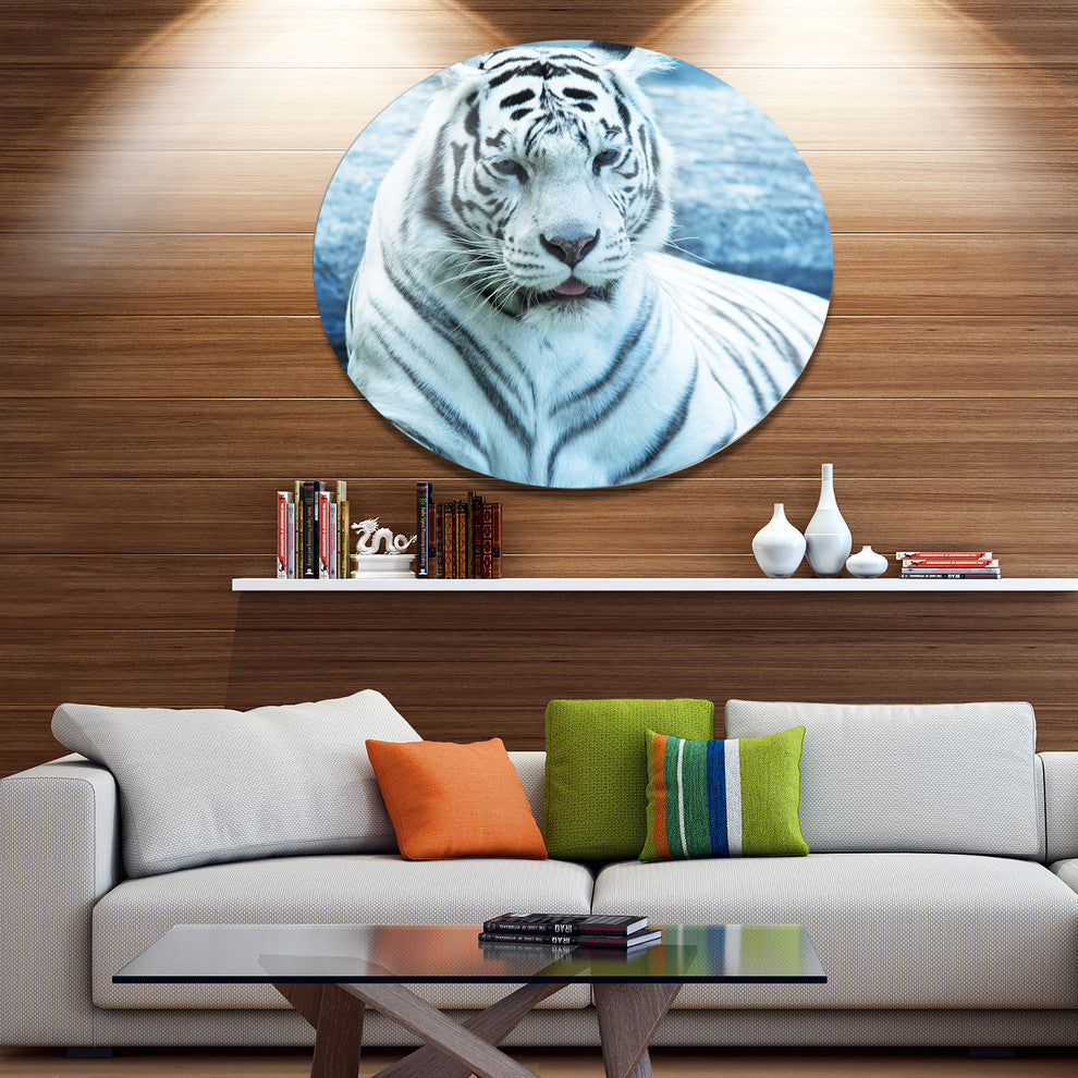 Silver Tiger With Water Background, African Round Metal Wall Art, 23"
