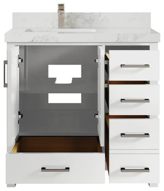 Malibu 36 Left Offset Bath Vanity in White  2" Calacatta Nuvo
